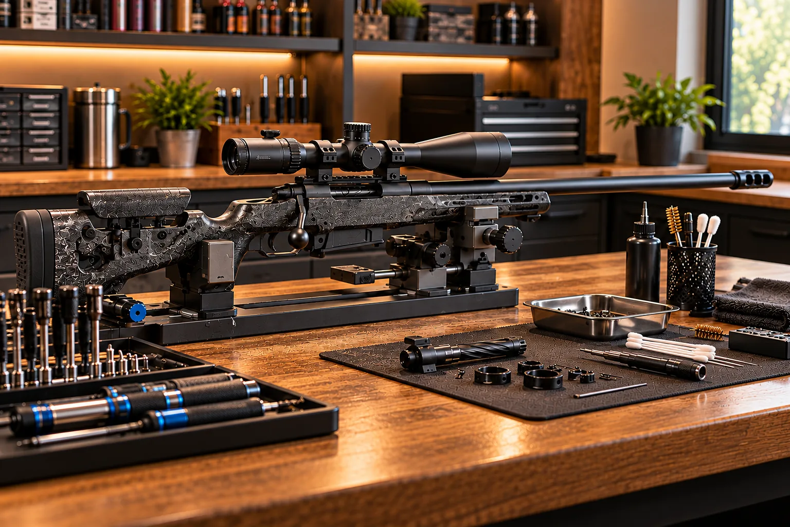 Scoped precision rifle on a gunsmithing workbench with tools and equipment