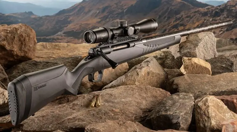 Scoped bolt-action precision rifle displayed on rocky terrain